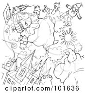 Royalty Free RF Clipart Illustration Of A Coloring Page Outline Of People Floating In The Sky Above A Building