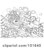 Royalty Free RF Clipart Illustration Of A Coloring Page Outline Of A Fox Chasing Away A Dog by Alex Bannykh