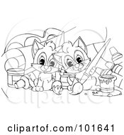 Royalty Free RF Clipart Illustration Of A Coloring Page Outline Of Two Kittens Painting