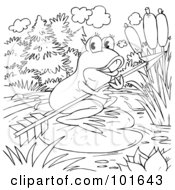 Royalty Free RF Clipart Illustration Of A Coloring Page Outline Of A Frog Holding An Arrow