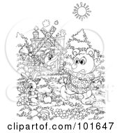 Royalty Free RF Clipart Illustration Of A Coloring Page Outline Of A Fox Chasing Other Animals From Her House