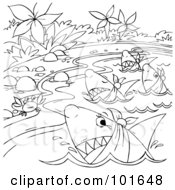 Royalty Free RF Clipart Illustration Of A Coloring Page Outline Of Hungry Sharks