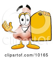 Nose Mascot Cartoon Character Holding A Yellow Sales Price Tag