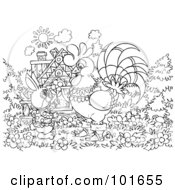 Poster, Art Print Of Coloring Page Outline Of A Rabbit And Rooster By A Cottage