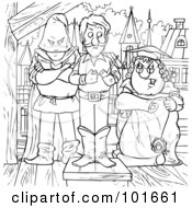 Royalty Free RF Clipart Illustration Of A Coloring Page Outline Of Men And A Woman Standing By A Podium