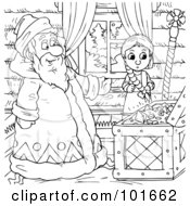 Royalty Free RF Clipart Illustration Of A Coloring Page Outline Of A Man Showing A Girl A Treasure Chest