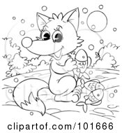 Royalty Free RF Clipart Illustration Of A Coloring Page Outline Of A Cute Fox With Fish