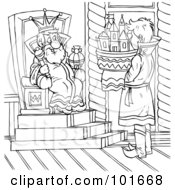 Royalty Free RF Clipart Illustration Of A Coloring Page Outline Of A Man Presenting A Model Before A King