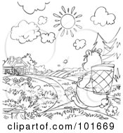 Royalty Free RF Clipart Illustration Of A Coloring Page Outline Of A Bear Walking Towards A Cottage