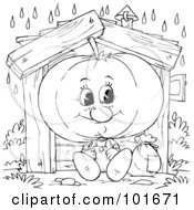 Royalty Free RF Clipart Illustration Of A Coloring Page Outline Of A Happy Tomato Leaning Against A House