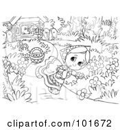 Royalty Free RF Clipart Illustration Of A Coloring Page Outline Of A Girl Running From A Bear House by Alex Bannykh