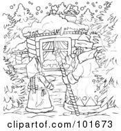 Royalty Free RF Clipart Illustration Of A Coloring Page Outline Of A Winter Man Asking A Girl To Look In A Window
