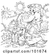 Royalty Free RF Clipart Illustration Of A Coloring Page Outline Of A Parent Alligator Walking With Baby Gators