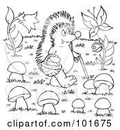 Royalty Free RF Clipart Illustration Of A Coloring Page Outline Of A Hedgehog Walking And Watching A Butterfly