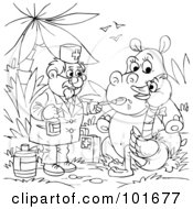 Poster, Art Print Of Coloring Page Outline Of A Veterinarian Giving Medicine To A Hippo And Ostrich