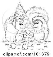 Royalty Free RF Clipart Illustration Of A Coloring Page Outline Of A Squirrel Sharing Acorns With A Hedgehog