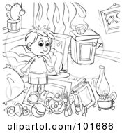 Royalty Free RF Clipart Illustration Of A Coloring Page Outline Of A Shocked Boy Watching Enchanted Items