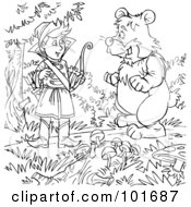 Royalty Free RF Clipart Illustration Of A Coloring Page Outline Of A Boy Talking To A Bear