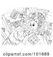 Poster, Art Print Of Coloring Page Outline Of A Bear Watching A Girl Sleep