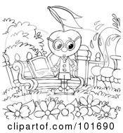 Royalty Free RF Clipart Illustration Of A Coloring Page Outline Of A Cherry Head By A Garden Bench by Alex Bannykh