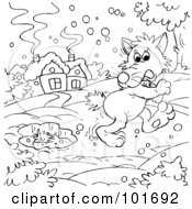 Royalty Free RF Clipart Illustration Of A Coloring Page Outline Of A Wolf Walking In The Snow
