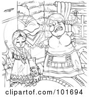 Royalty Free RF Clipart Illustration Of A Coloring Page Outline Of A Mean Woman Pointing To A Girl by Alex Bannykh