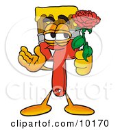 Paint Brush Mascot Cartoon Character Holding A Red Rose On Valentines Day by Mascot Junction