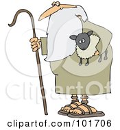 Poster, Art Print Of An Old Shepherd Carrying A Cane And A Lamb