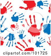 Royalty Free RF Clipart Illustration Of A Seamless Pattern Background Of Red And Blue Hand Prints On White by michaeltravers