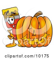 Poster, Art Print Of Paint Brush Mascot Cartoon Character With A Carved Halloween Pumpkin