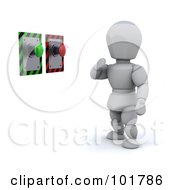 Poster, Art Print Of 3d White Character Standing Before Green And Red Buttons