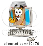 Pill Bottle Mascot Cartoon Character Waving From Inside A Computer Screen