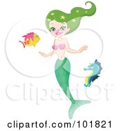 Green Haired Mermaid Swimming With A Seahorse And Fish