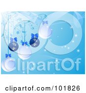 Royalty Free RF Clipart Illustration Of A Blue Christmas Background Of Baubles And Bows Hanging From Vines by elaineitalia