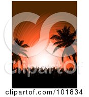 Poster, Art Print Of Silhouetted Crowd Dancing With Their Hands In The Air On A Tropical Beach Party Over An Orange Swirl