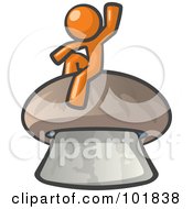 Orange Man Design Mascot Waving And Sitting On A Mushroom