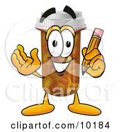 Pill Bottle Mascot Cartoon Character Holding A Pencil