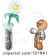Orange Man Scientist By A Giant White Daisy Flower In A Test Tube