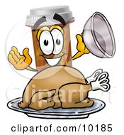 Poster, Art Print Of Pill Bottle Mascot Cartoon Character Serving A Thanksgiving Turkey On A Platter