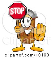 Clipart Picture Of A Pill Bottle Mascot Cartoon Character Holding A Stop Sign
