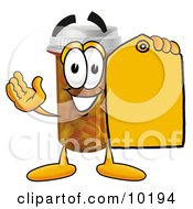 Pill Bottle Mascot Cartoon Character Holding A Yellow Sales Price Tag