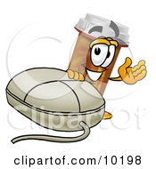 Clipart Picture Of A Pill Bottle Mascot Cartoon Character With A Computer Mouse by Toons4Biz