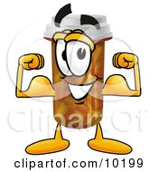 Pill Bottle Mascot Cartoon Character Flexing His Arm Muscles