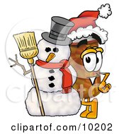 Clipart Picture Of A Pill Bottle Mascot Cartoon Character With A Snowman On Christmas by Toons4Biz