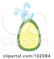 Royalty Free RF Clipart Illustration Of A Blue Rabbit Behind A Yellow And Green Easter Egg by Cherie Reve