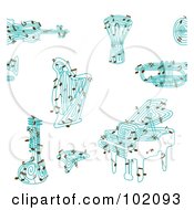 Royalty Free RF Clipart Illustration Of A Seamless Background Of Blue Violins Drums Harps Trumpets And Pianos With Music Notes On White by Cherie Reve