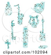 Royalty Free RF Clipart Illustration Of A Seamless Background Of Blue Musical Instruments With Notes