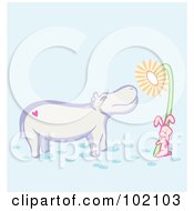 Poster, Art Print Of Pink Rabbit Giving A Hippo A Flower