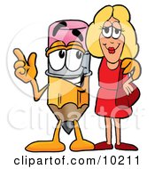 Pencil Mascot Cartoon Character Talking To A Pretty Blond Woman