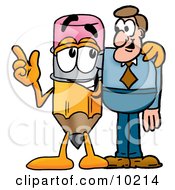 Pencil Mascot Cartoon Character Talking To A Business Man